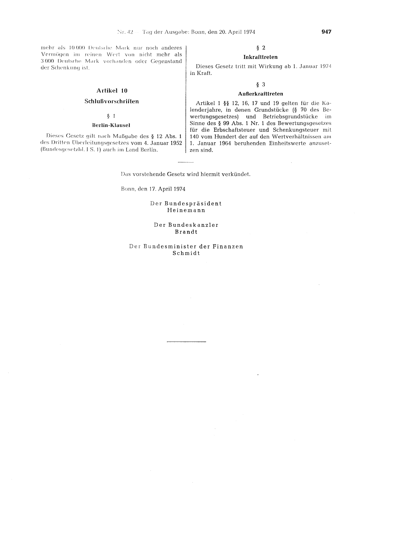 BGBl. 1974, Seite 947 — Originalseite als Abbildung