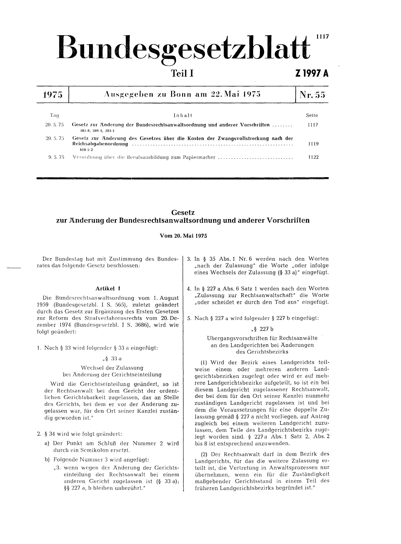 BGBl. 1975, Seite 1117 — Originalseite als Abbildung