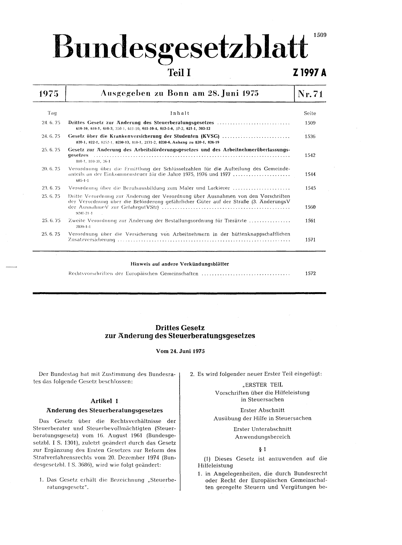 BGBl. 1975, Seite 1509 — Originalseite als Abbildung