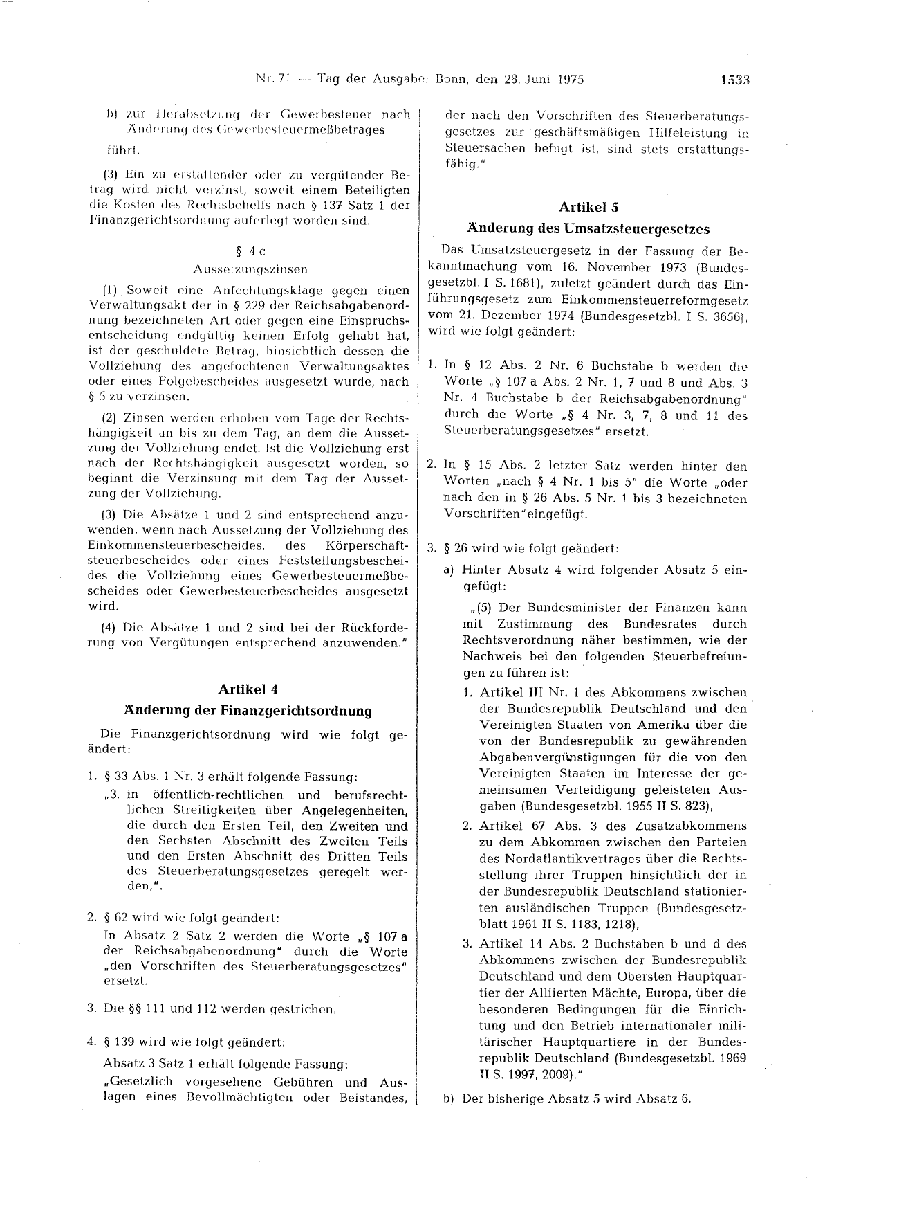 BGBl. 1975, Seite 1533 — Originalseite als Abbildung