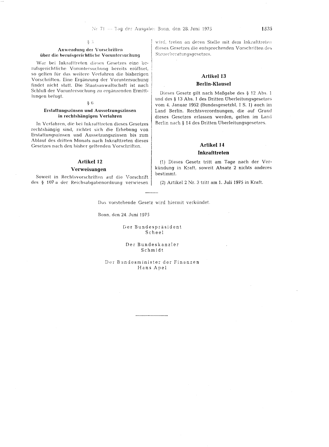 BGBl. 1975, Seite 1535 — Originalseite als Abbildung