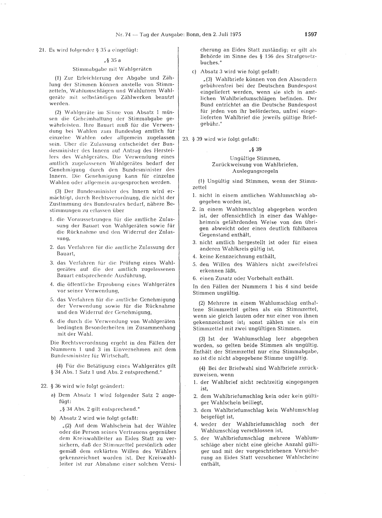 BGBl. 1975, Seite 1597 — Originalseite als Abbildung