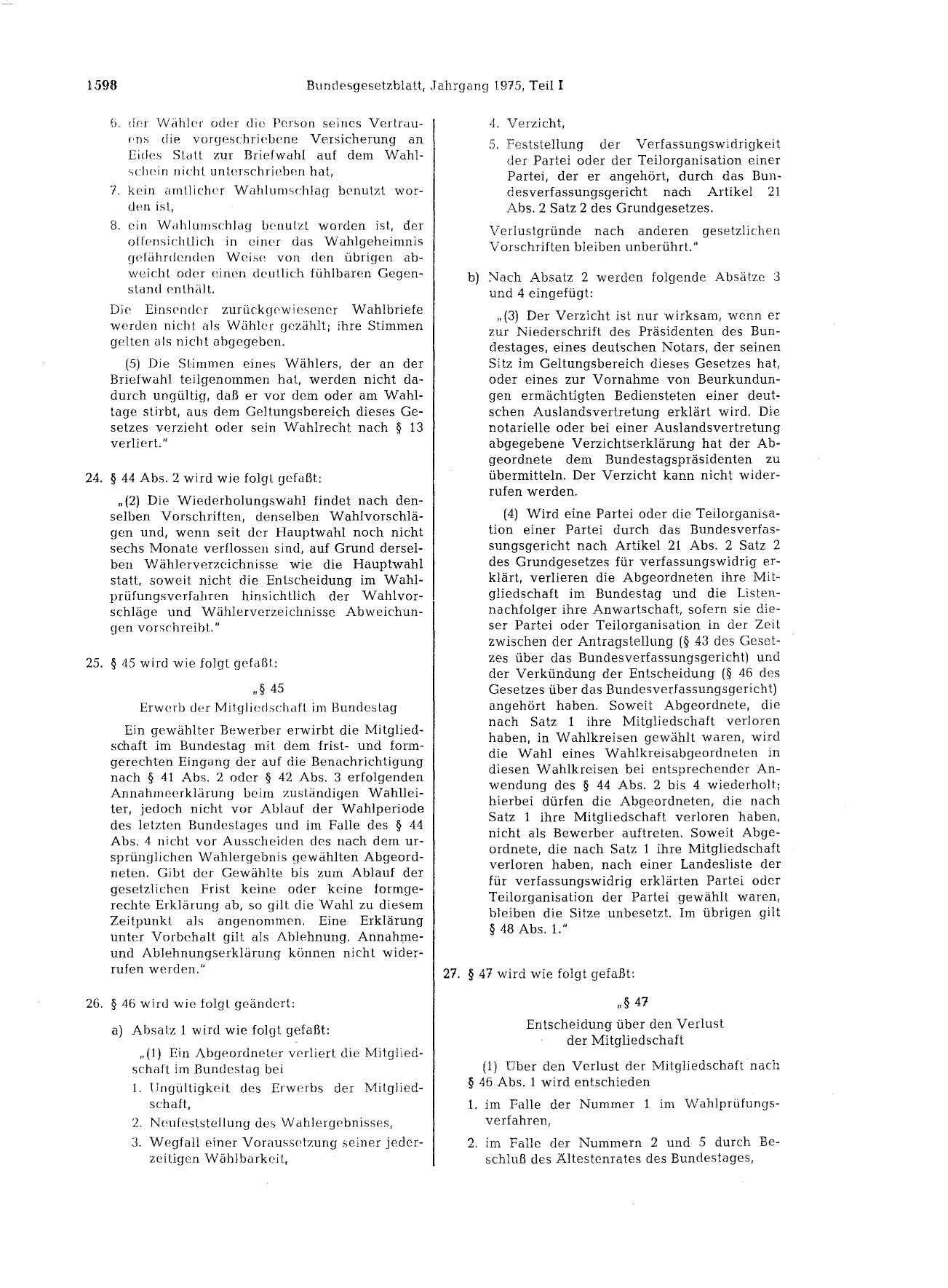 BGBl. 1975, Seite 1598 — Originalseite als Abbildung