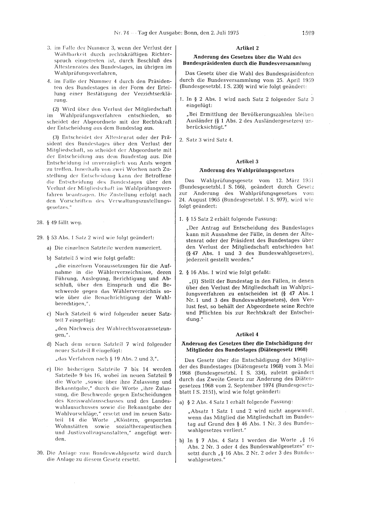 BGBl. 1975, Seite 1599 — Originalseite als Abbildung
