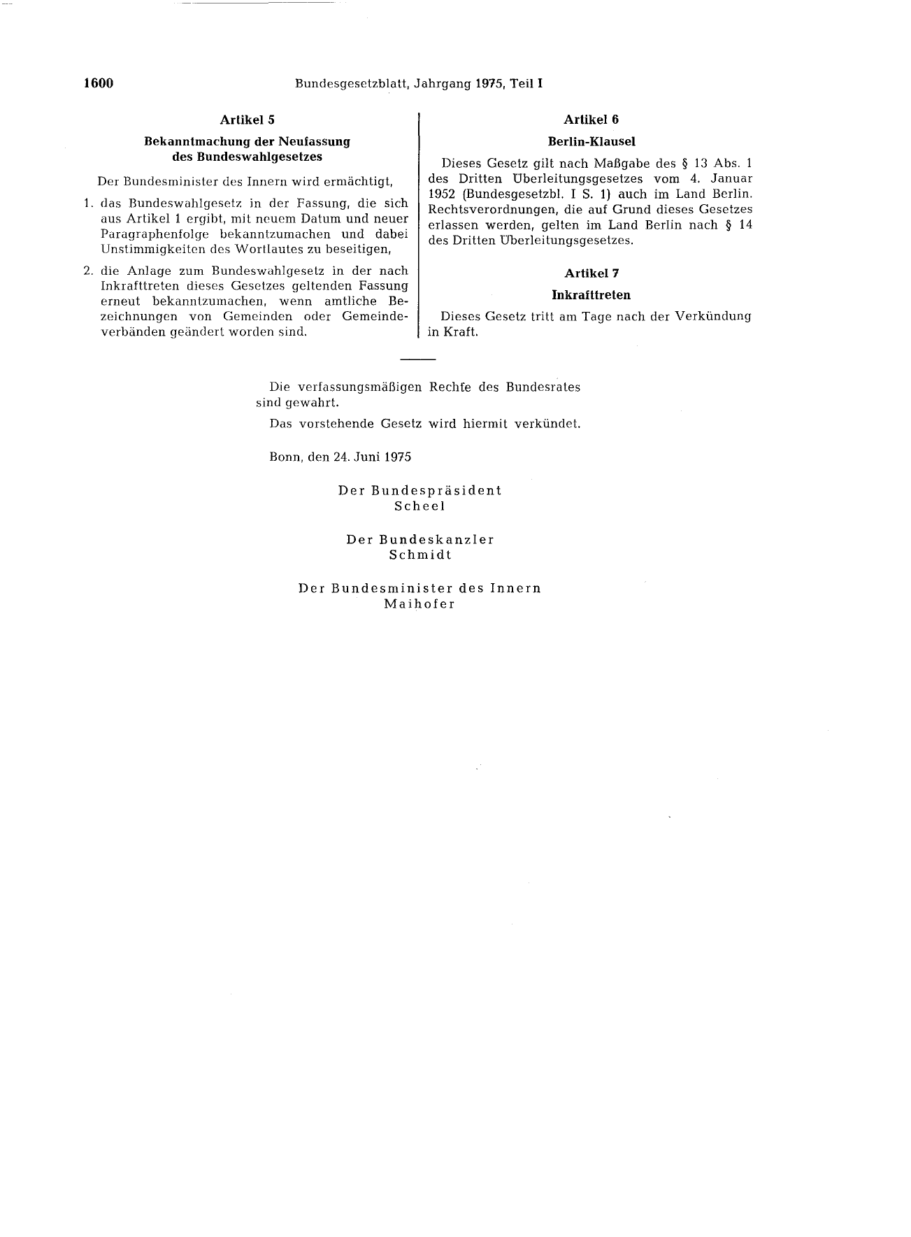 BGBl. 1975, Seite 1600 — Originalseite als Abbildung