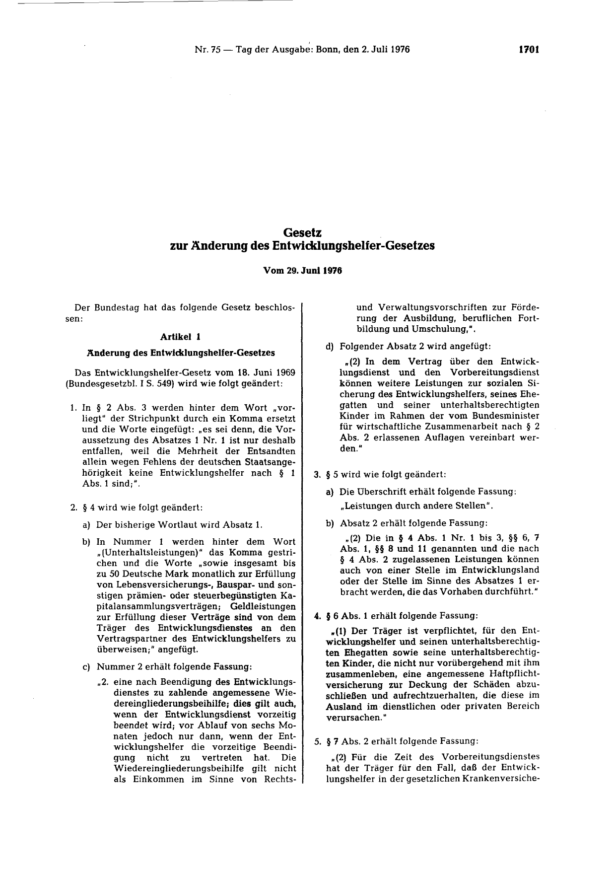 BGBl. 1976, Seite 1701 — Originalseite als Abbildung