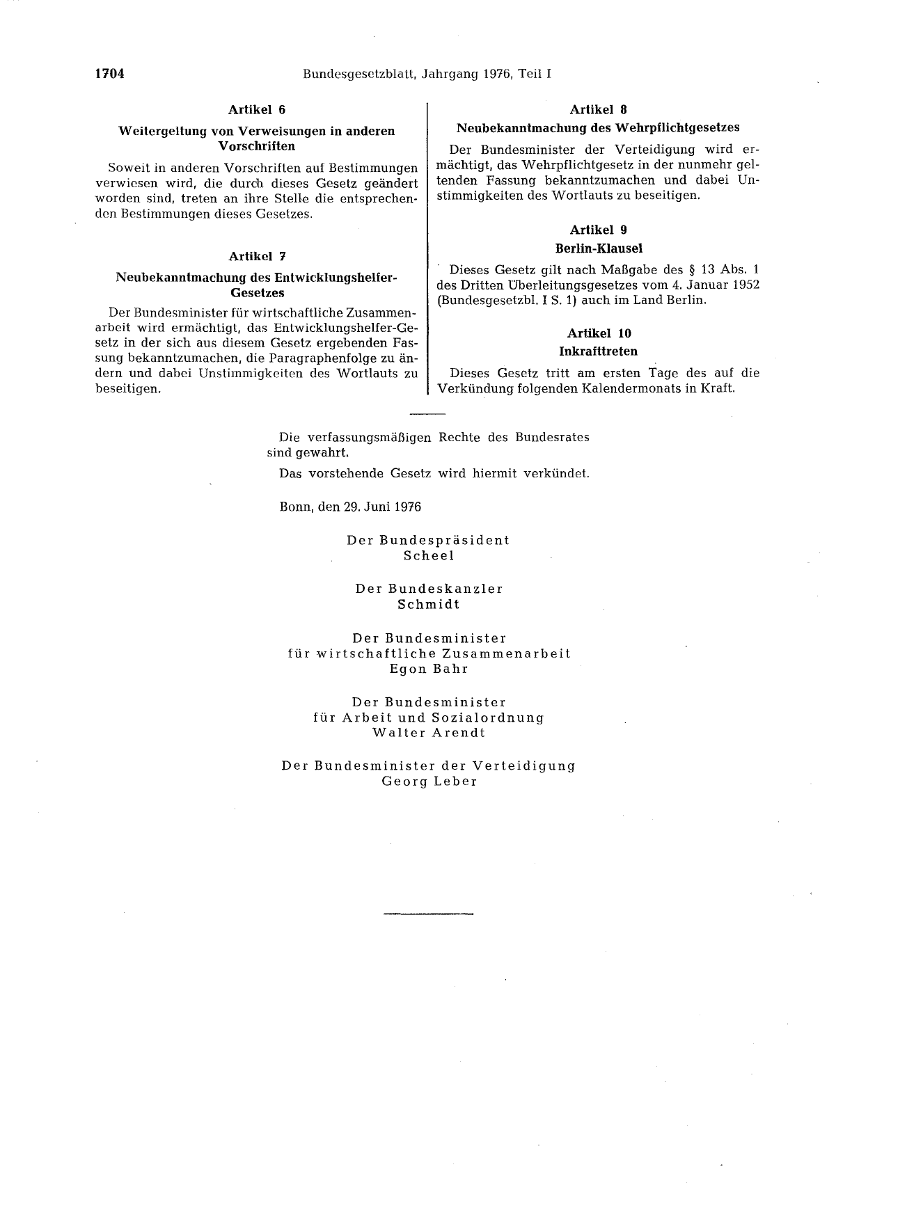 BGBl. 1976, Seite 1704 — Originalseite als Abbildung