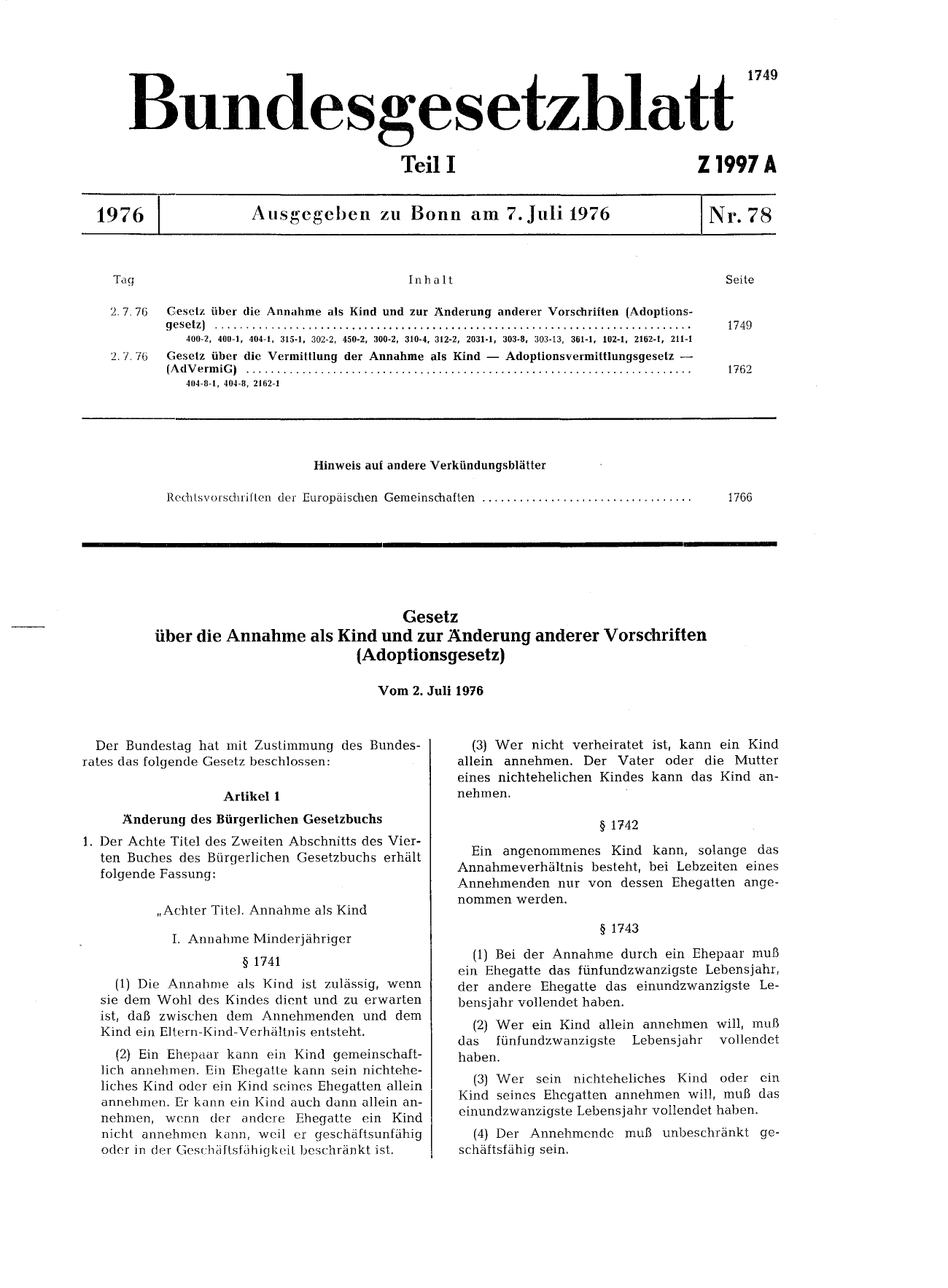 BGBl. 1976, Seite 1749 — Originalseite als Abbildung