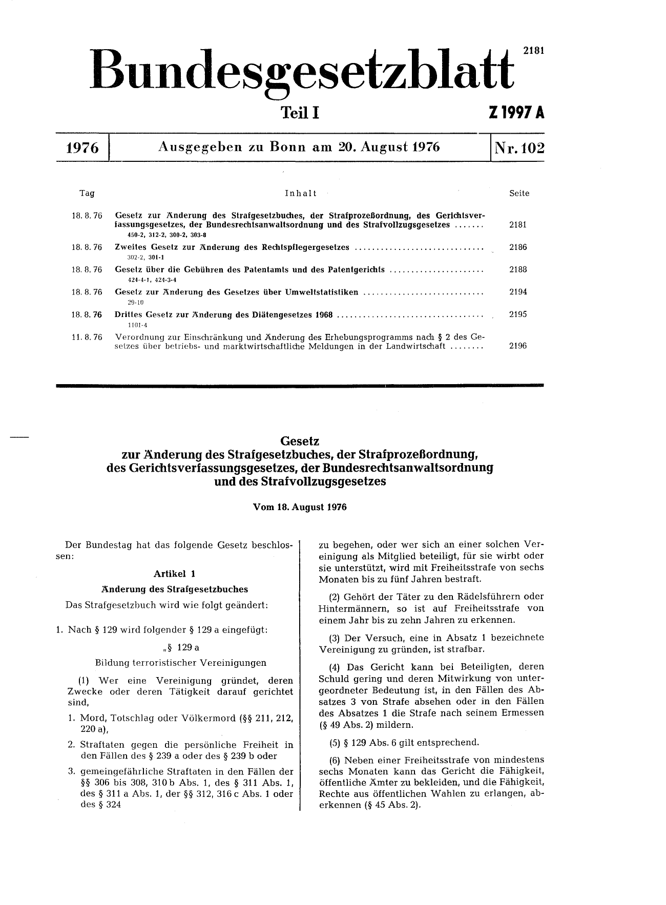 BGBl. 1976, Seite 2181 — Originalseite als Abbildung