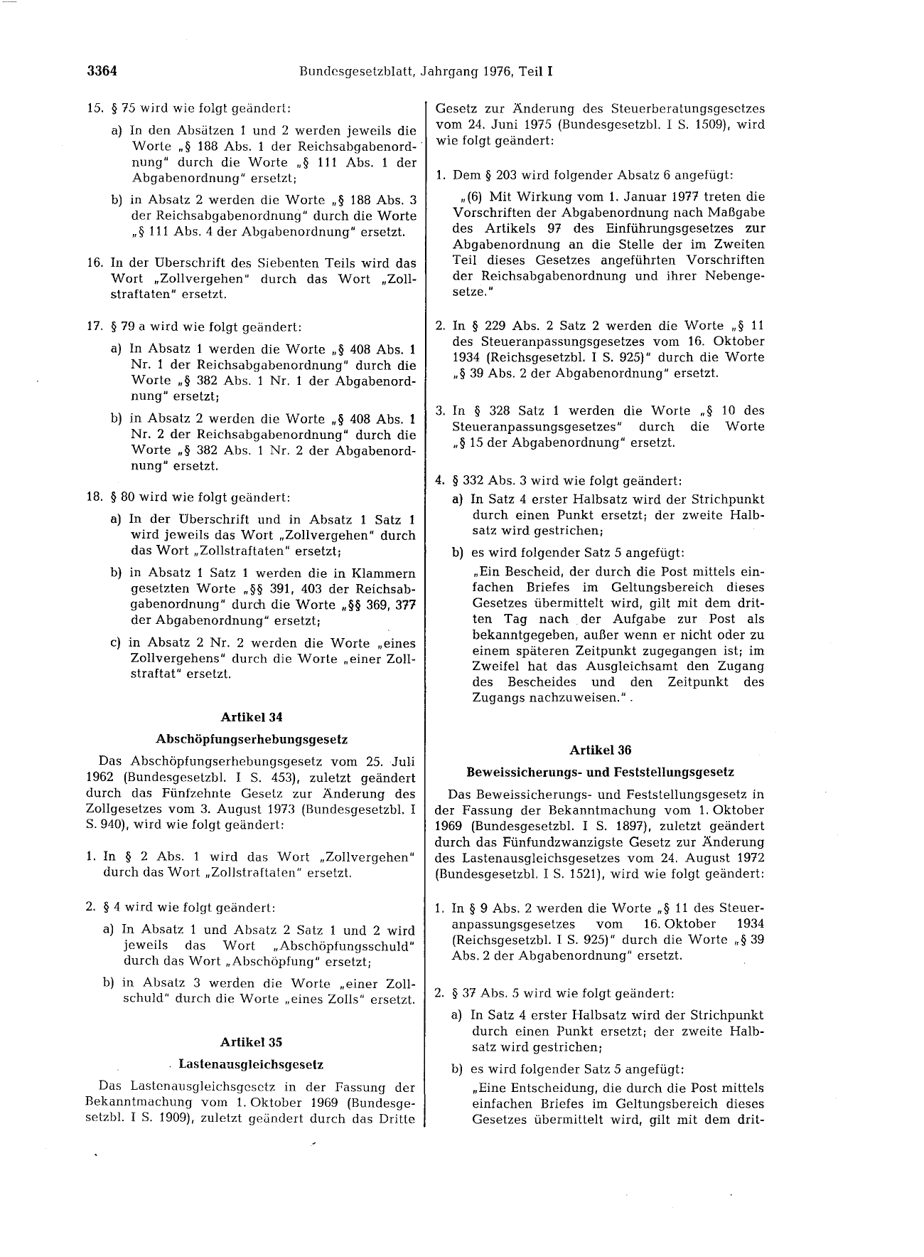 BGBl. 1976, Seite 3364 — Originalseite als Abbildung