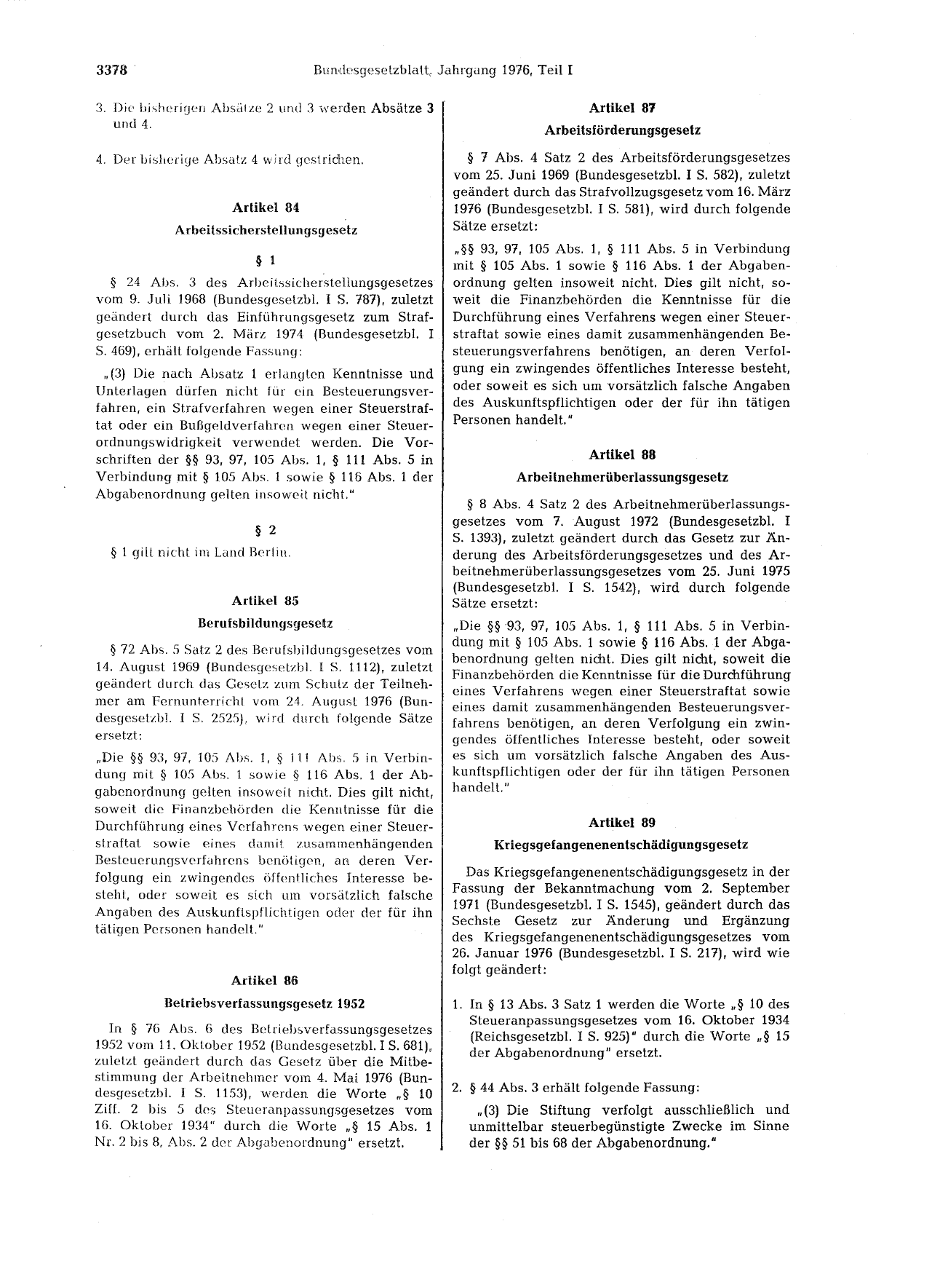 BGBl. 1976, Seite 3378 — Originalseite als Abbildung