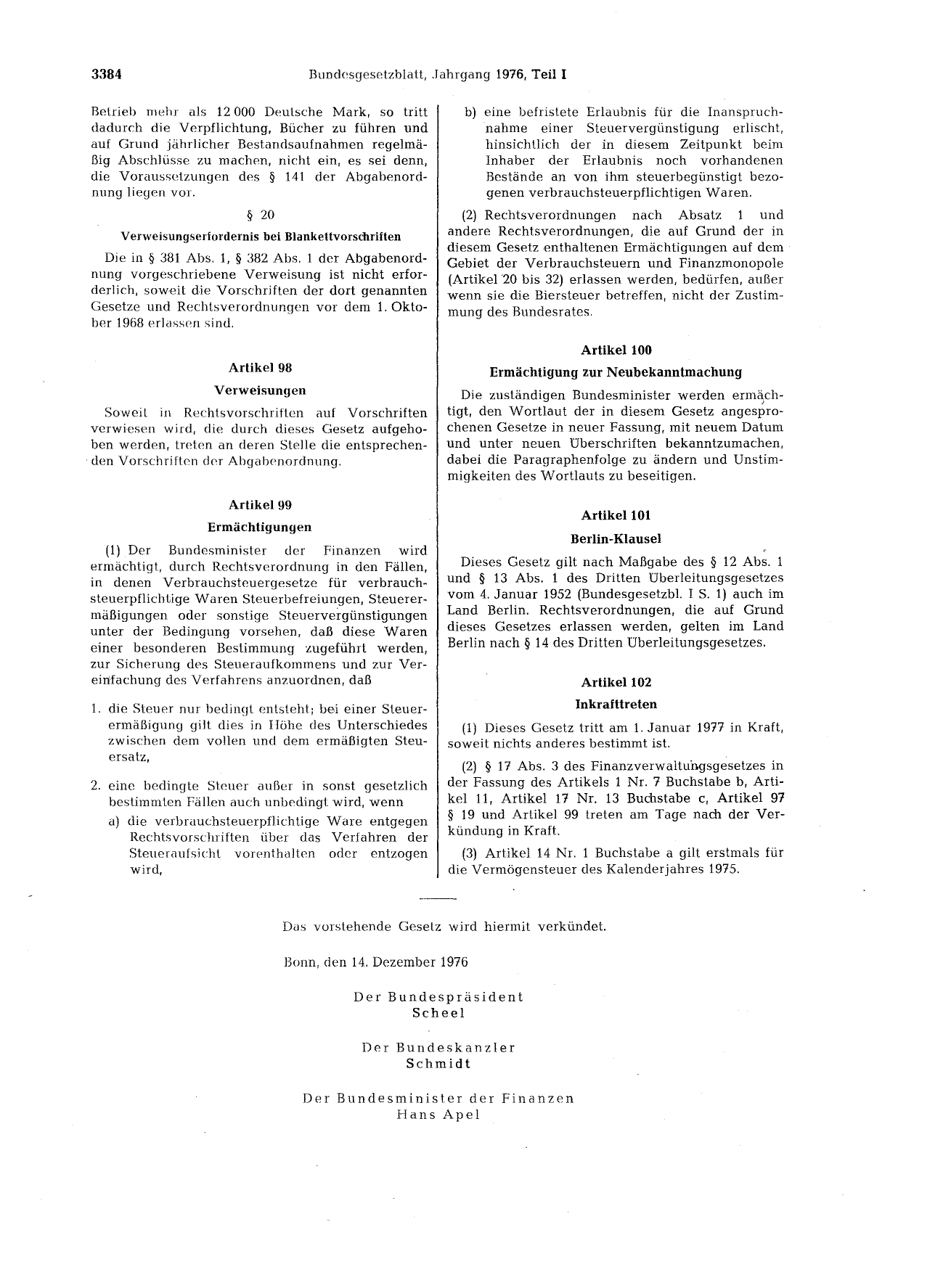 BGBl. 1976, Seite 3384 — Originalseite als Abbildung