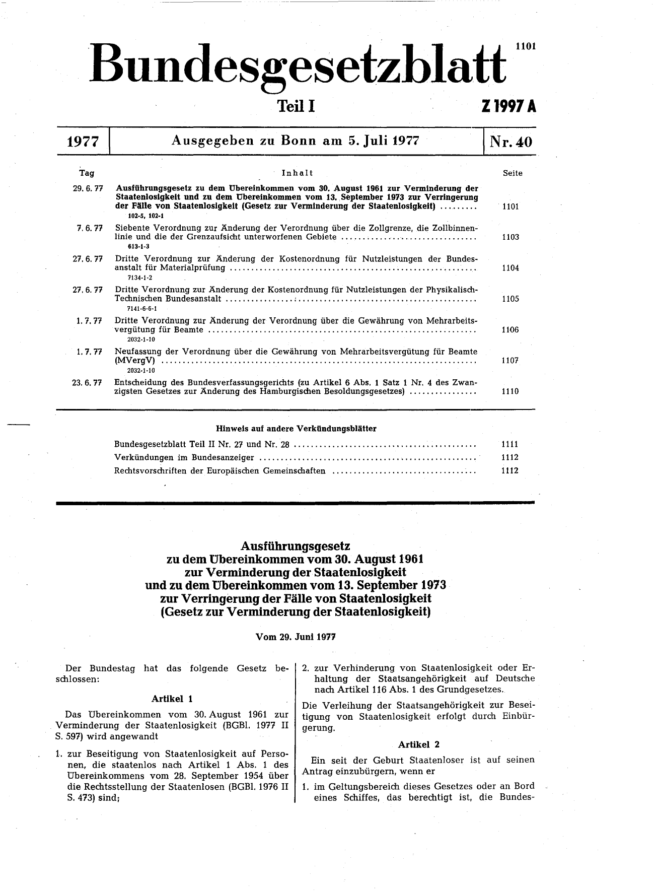 BGBl. 1977, Seite 1101 — Originalseite als Abbildung