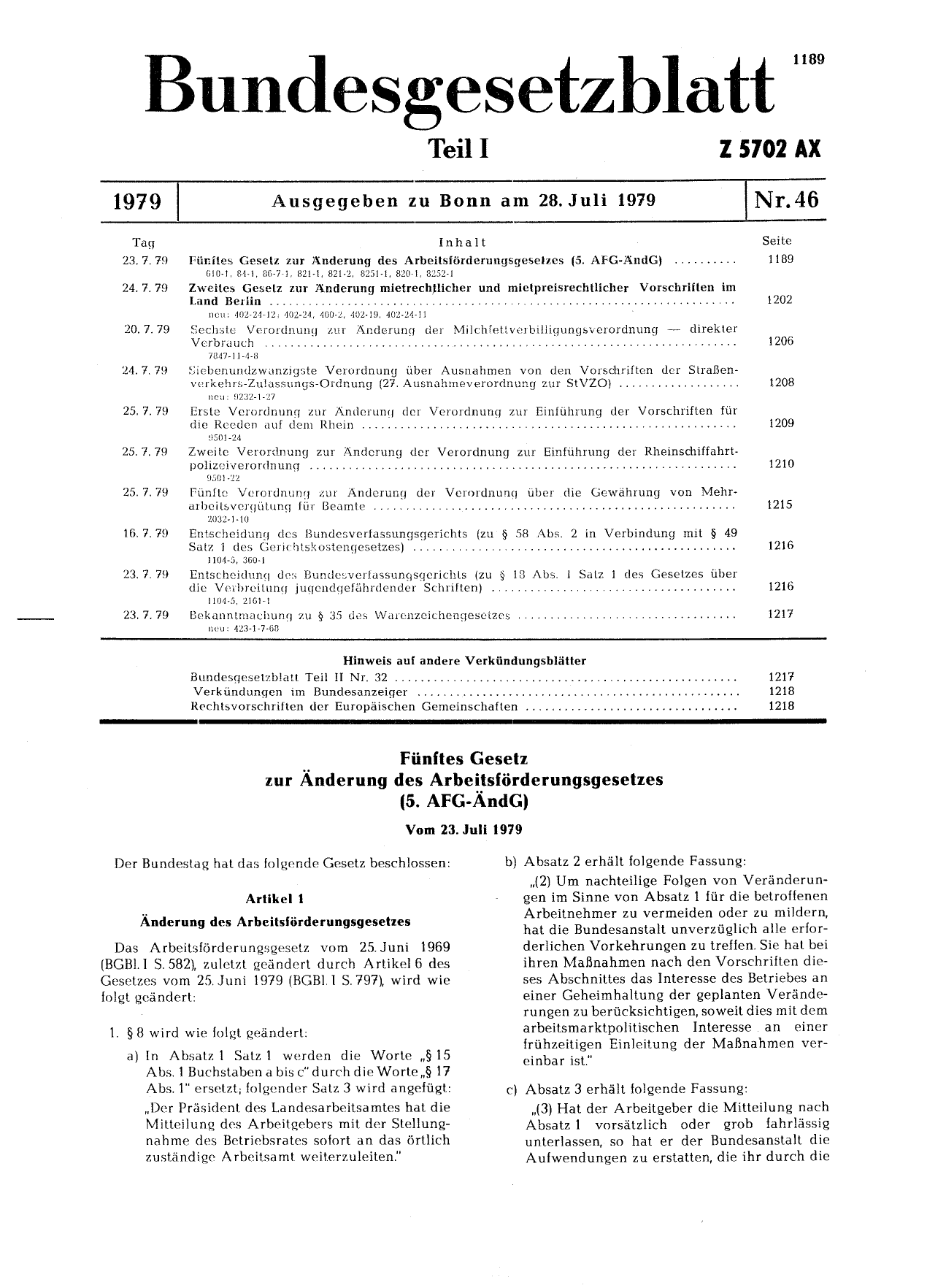 BGBl. 1979, Seite 1189 — Originalseite als Abbildung