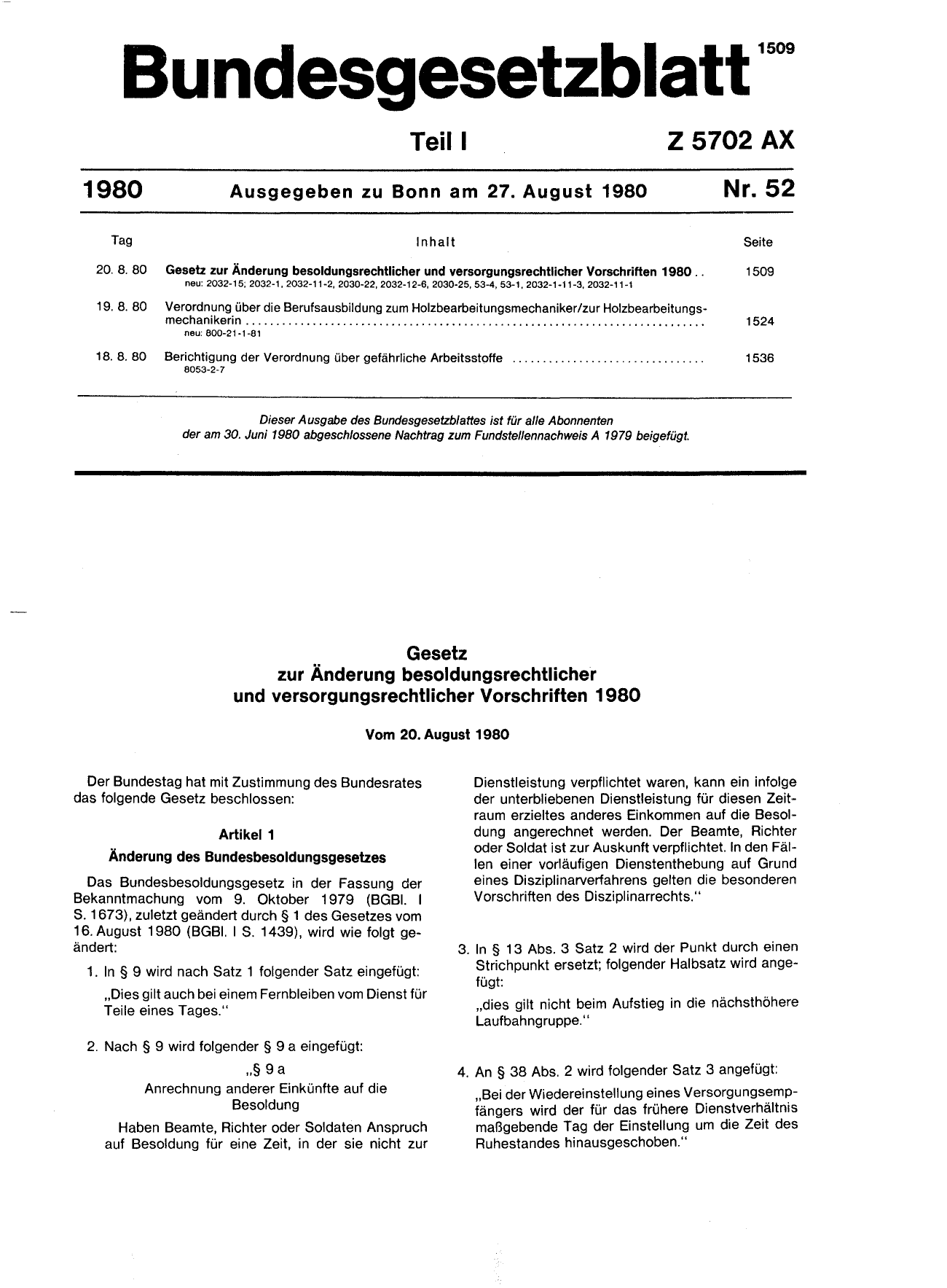 BGBl. 1980, Seite 1509 — Originalseite als Abbildung