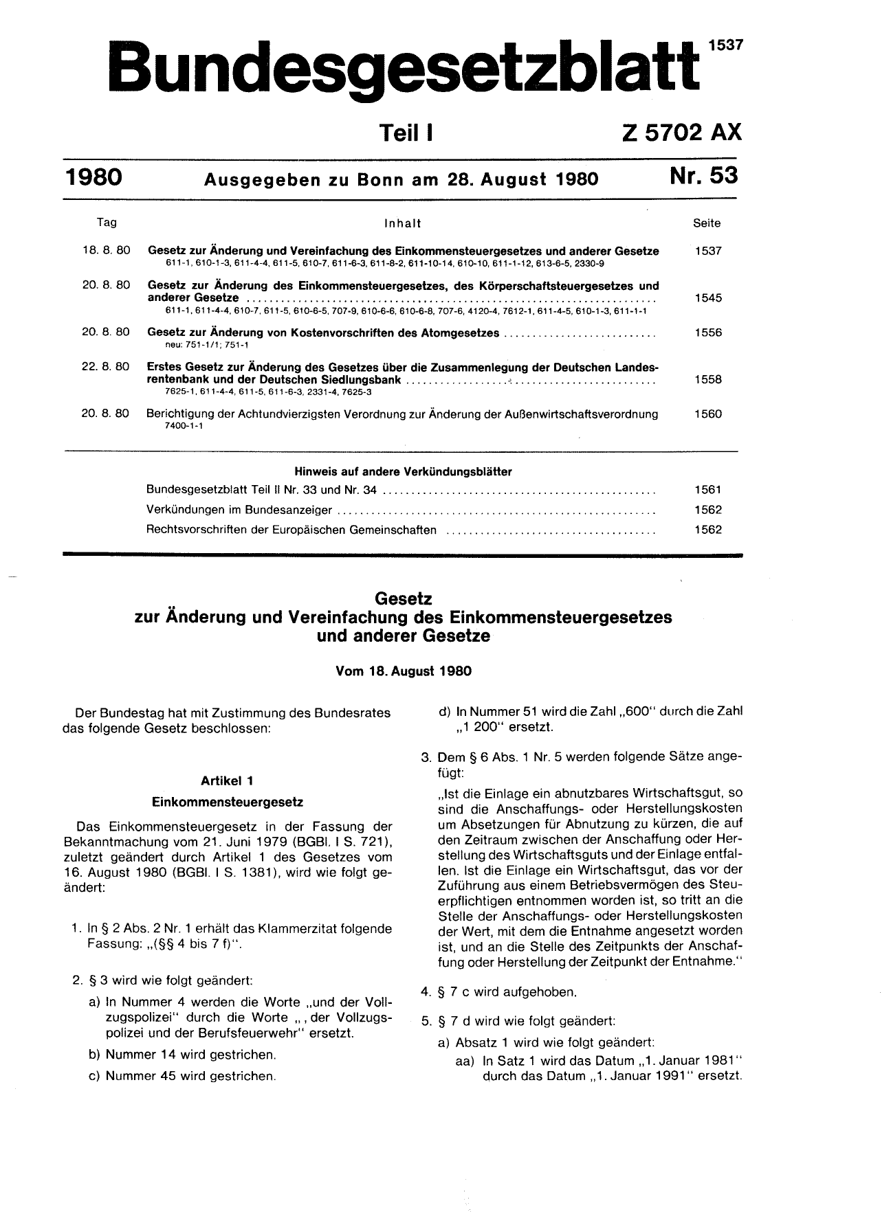 BGBl. 1980, Seite 1537 — Originalseite als Abbildung