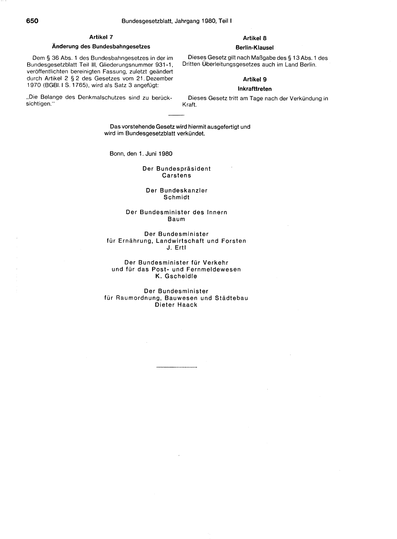 BGBl. 1980, Seite 650 — Originalseite als Abbildung