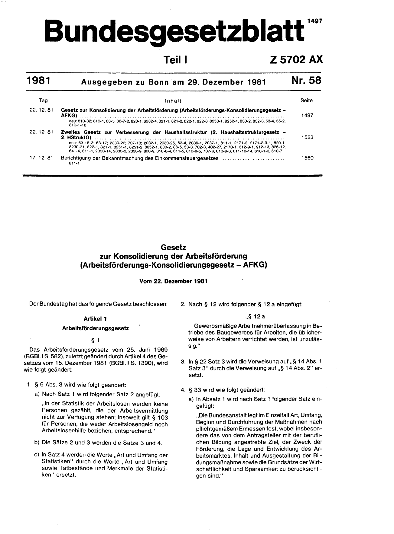 BGBl. 1981, Seite 1497 — Originalseite als Abbildung
