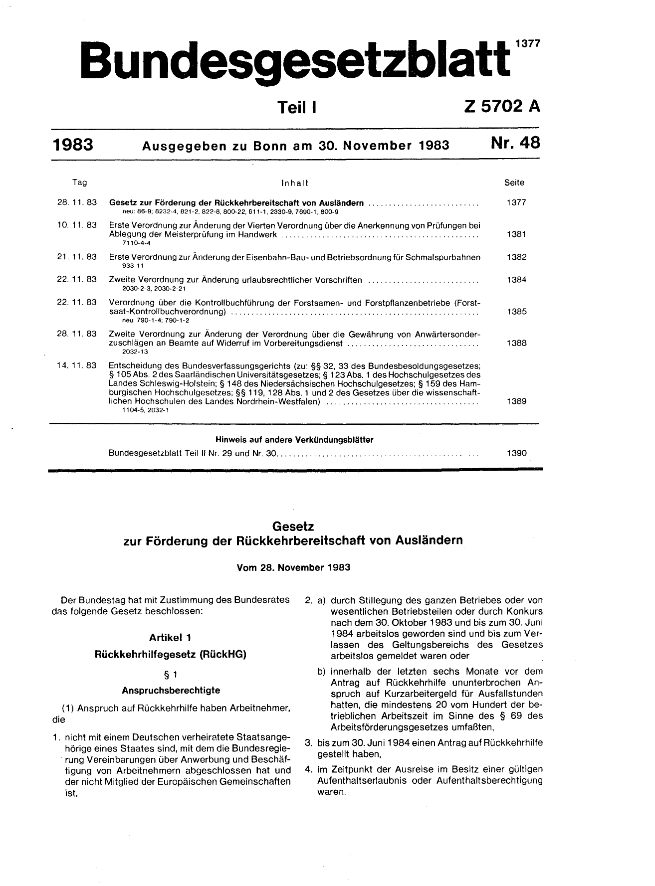 BGBl. 1983, Seite 1377 — Originalseite als Abbildung