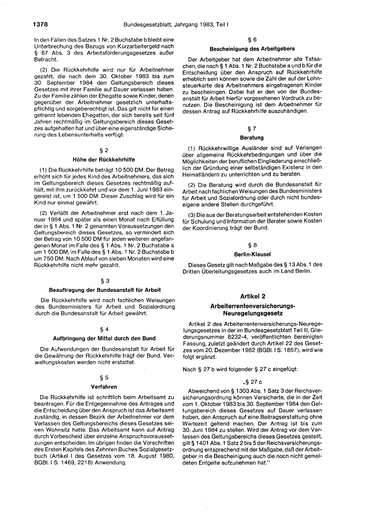 BGBl. 1983, Seite 1378 — Originalseite als Abbildung