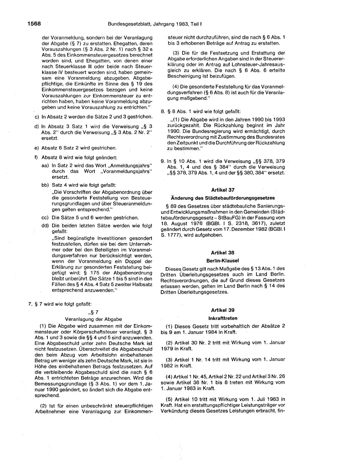 BGBl. 1983, Seite 1568 — Originalseite als Abbildung