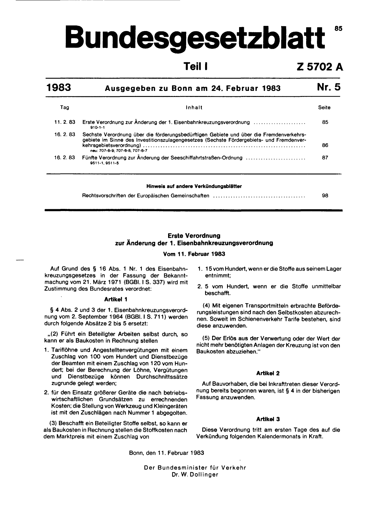 BGBl. 1983, Seite 85 — Originalseite als Abbildung
