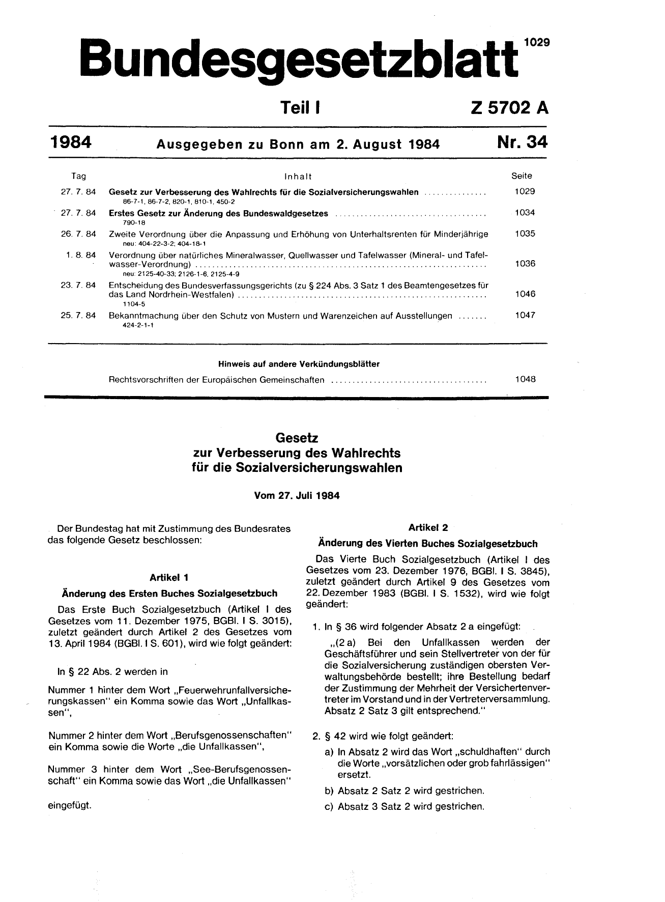 BGBl. 1984, Seite 1029 — Originalseite als Abbildung