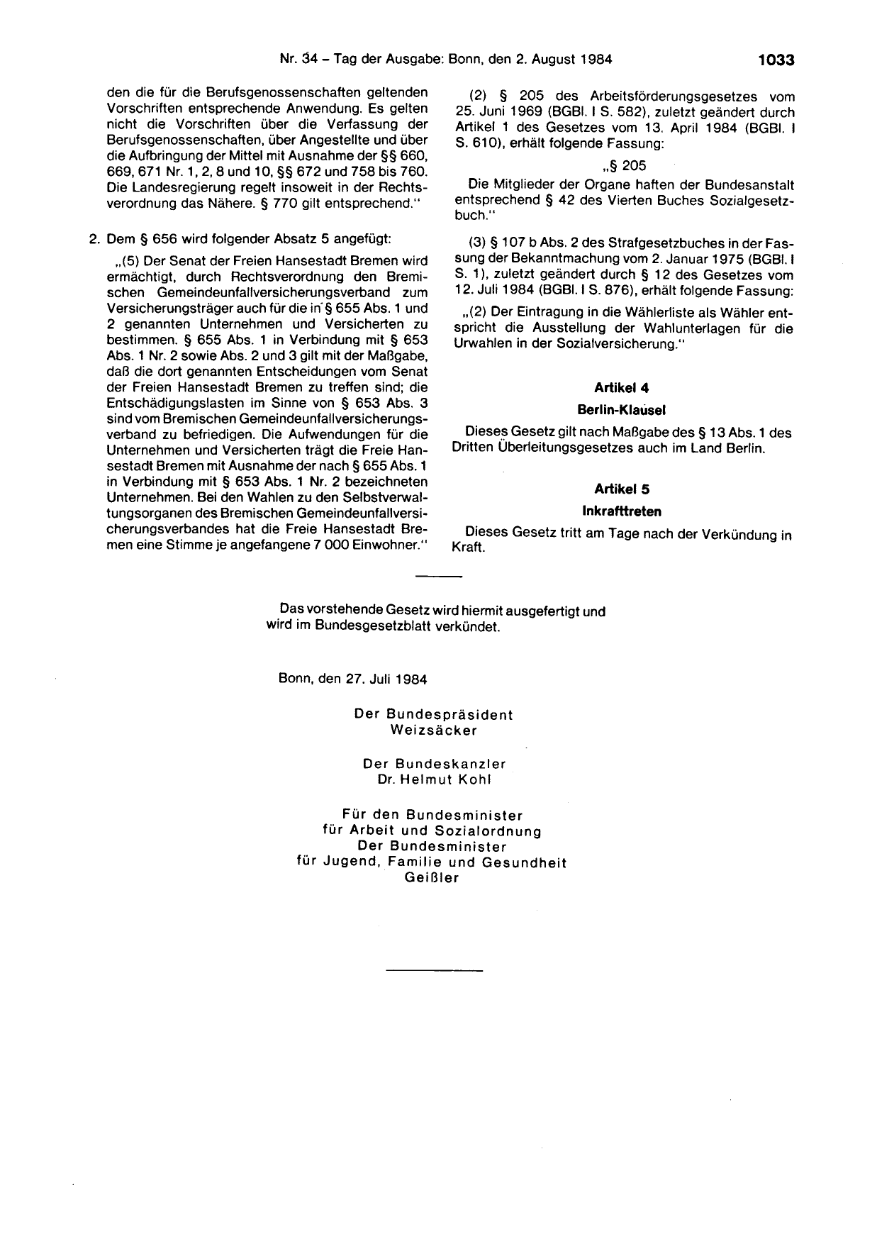 BGBl. 1984, Seite 1033 — Originalseite als Abbildung