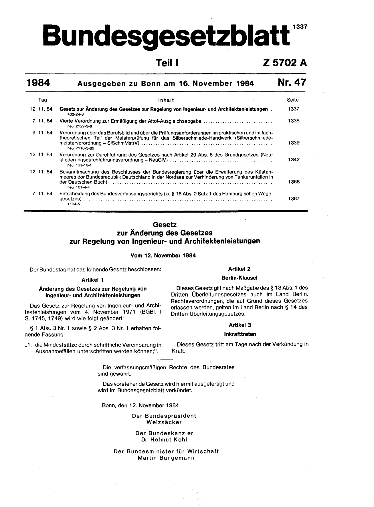 BGBl. 1984, Seite 1337 — Originalseite als Abbildung