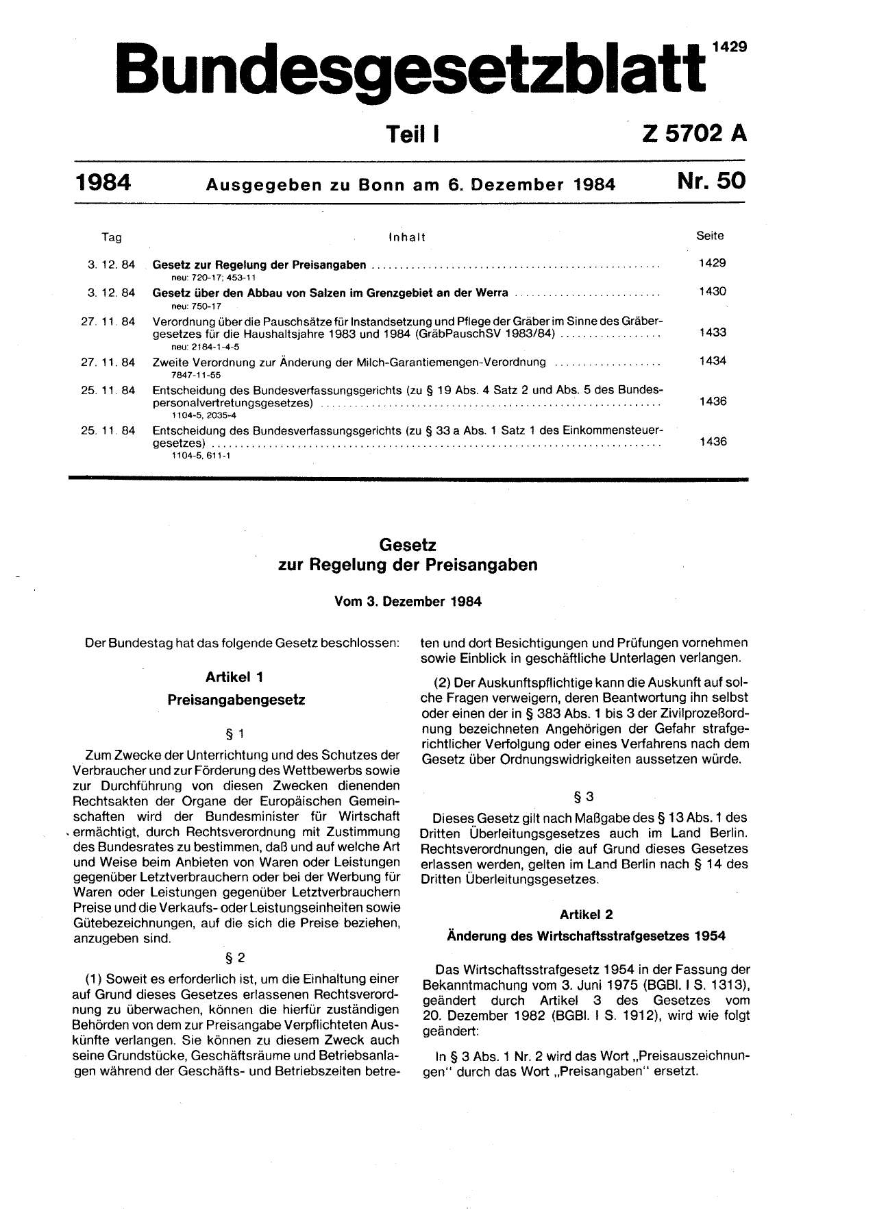 BGBl. 1984, Seite 1429 — Originalseite als Abbildung