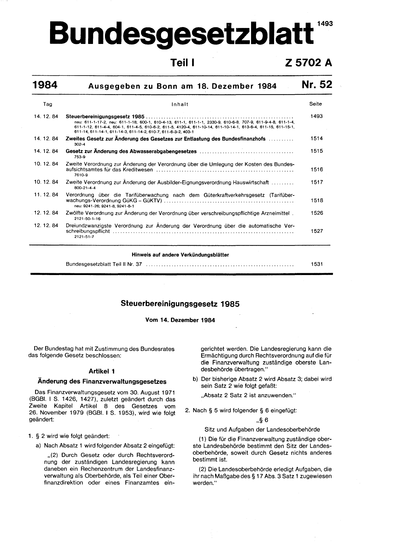 BGBl. 1984, Seite 1493 — Originalseite als Abbildung