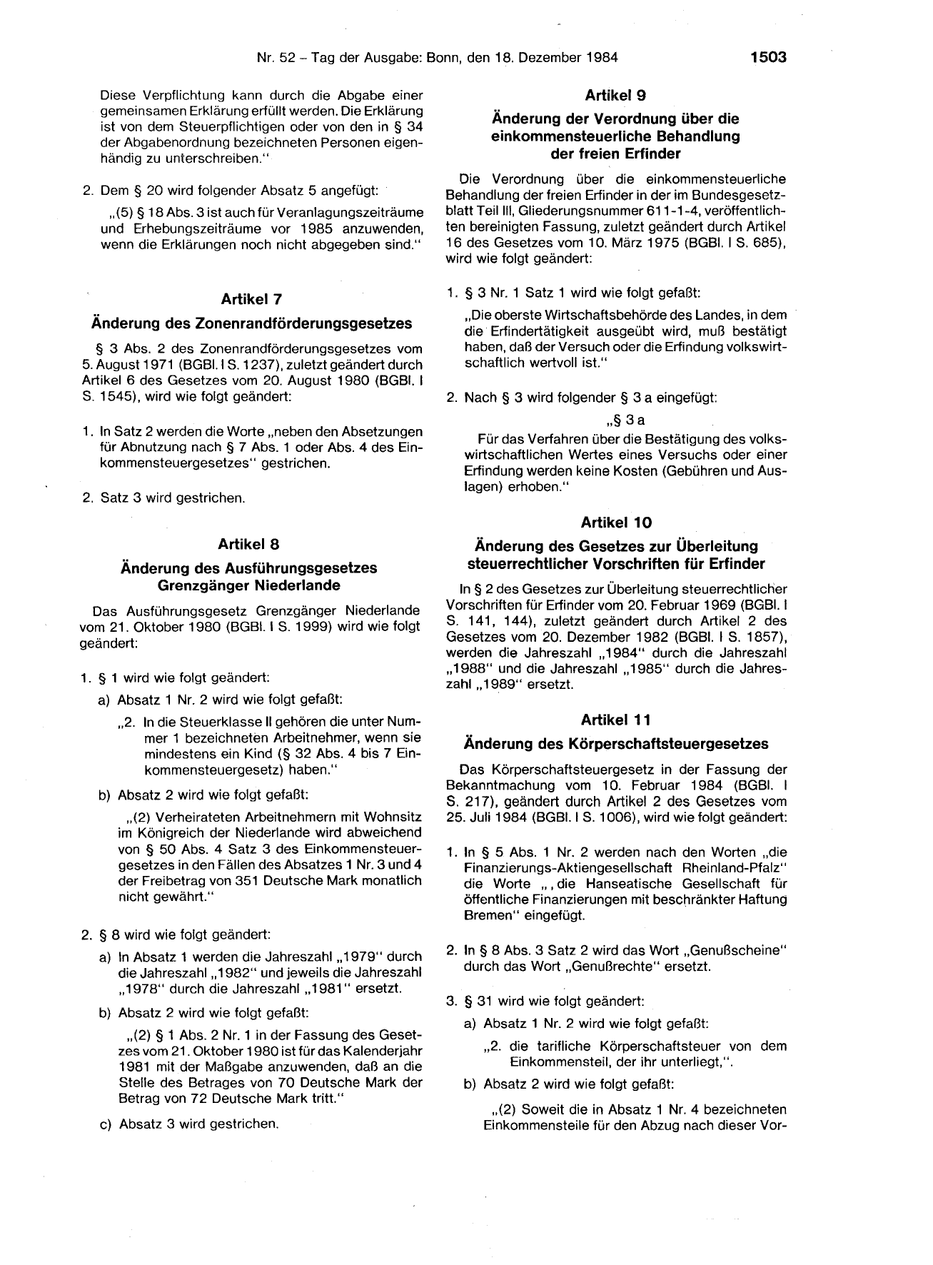 BGBl. 1984, Seite 1503 — Originalseite als Abbildung