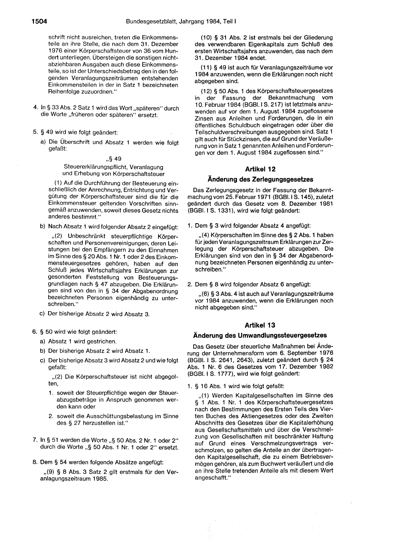 BGBl. 1984, Seite 1504 — Originalseite als Abbildung