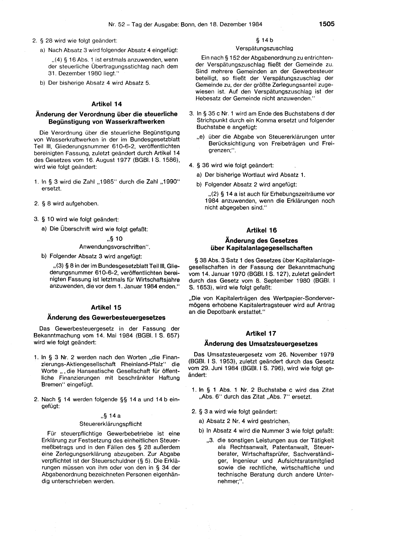 BGBl. 1984, Seite 1505 — Originalseite als Abbildung