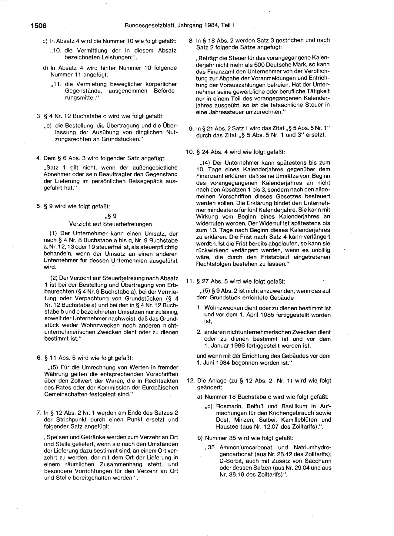 BGBl. 1984, Seite 1506 — Originalseite als Abbildung