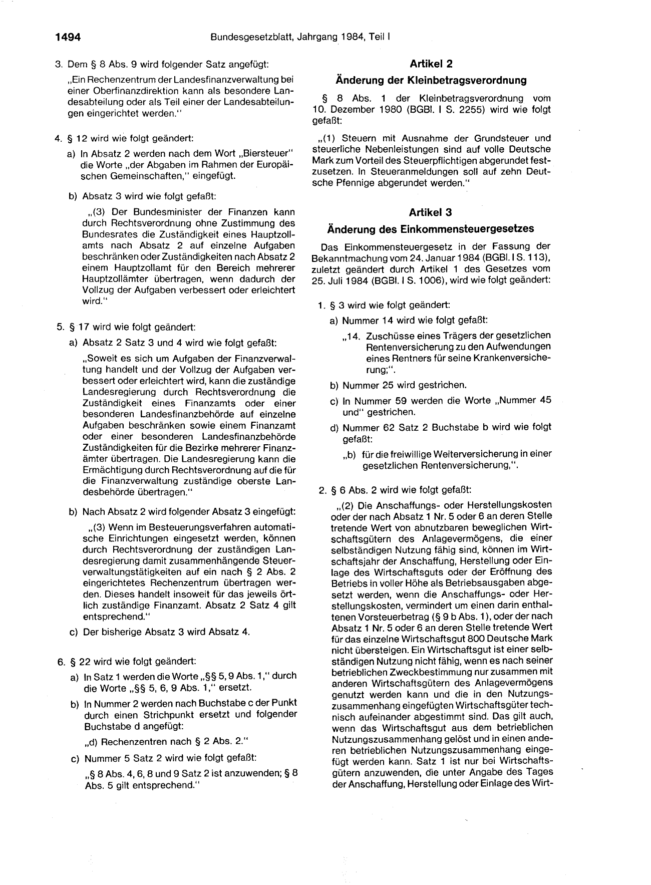 BGBl. 1984, Seite 1494 — Originalseite als Abbildung