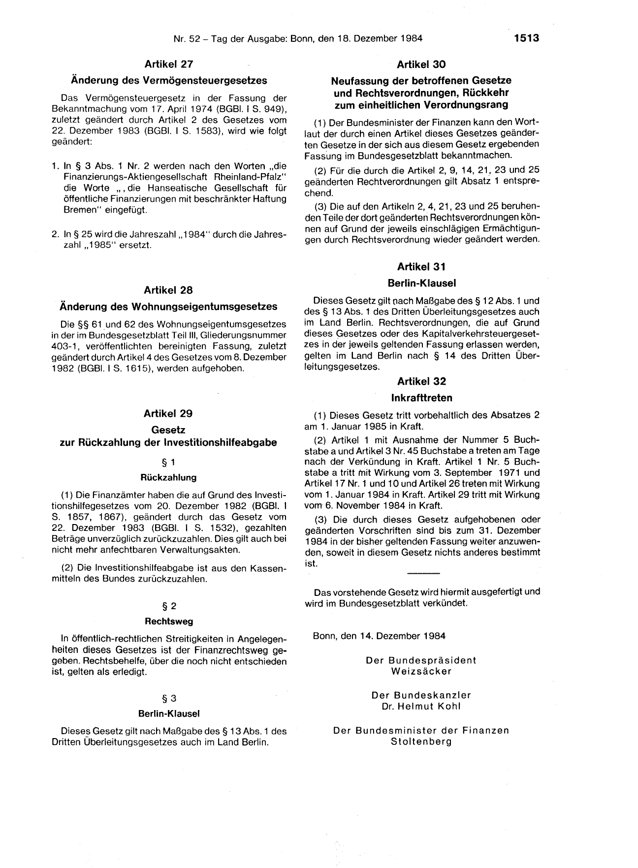 BGBl. 1984, Seite 1513 — Originalseite als Abbildung