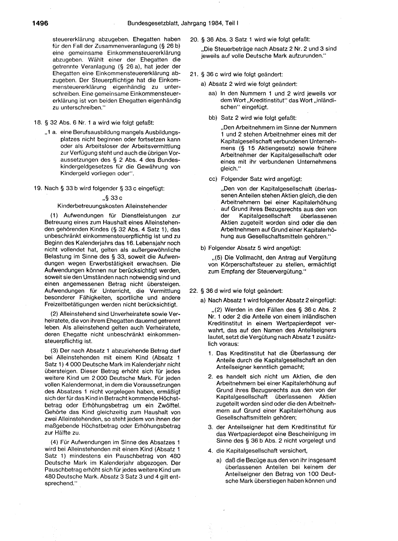 BGBl. 1984, Seite 1496 — Originalseite als Abbildung