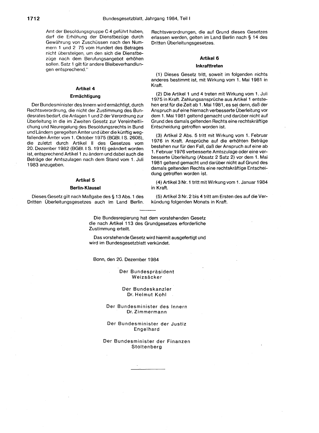 BGBl. 1984, Seite 1712 — Originalseite als Abbildung