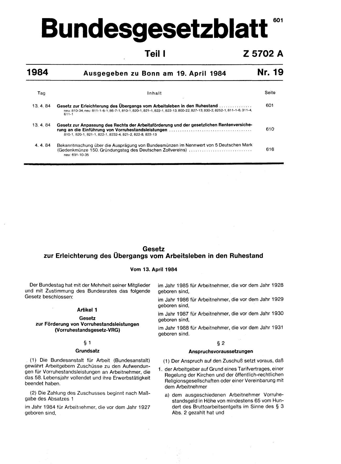 BGBl. 1984, Seite 601 — Originalseite als Abbildung