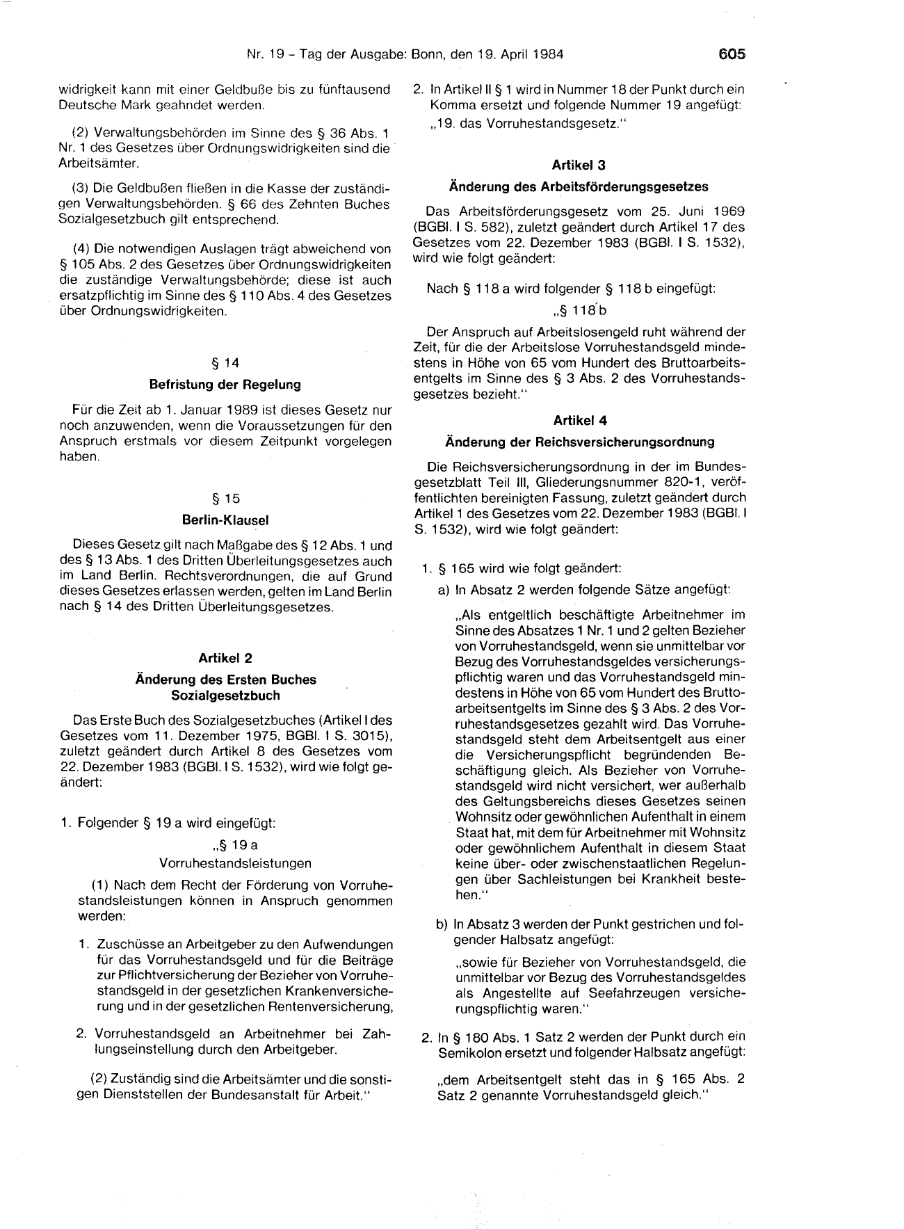 BGBl. 1984, Seite 605 — Originalseite als Abbildung