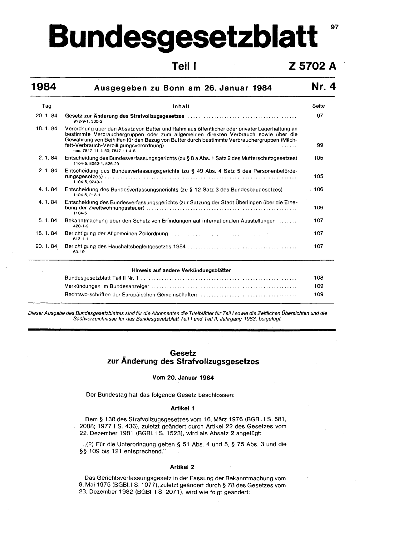 BGBl. 1984, Seite 97 — Originalseite als Abbildung