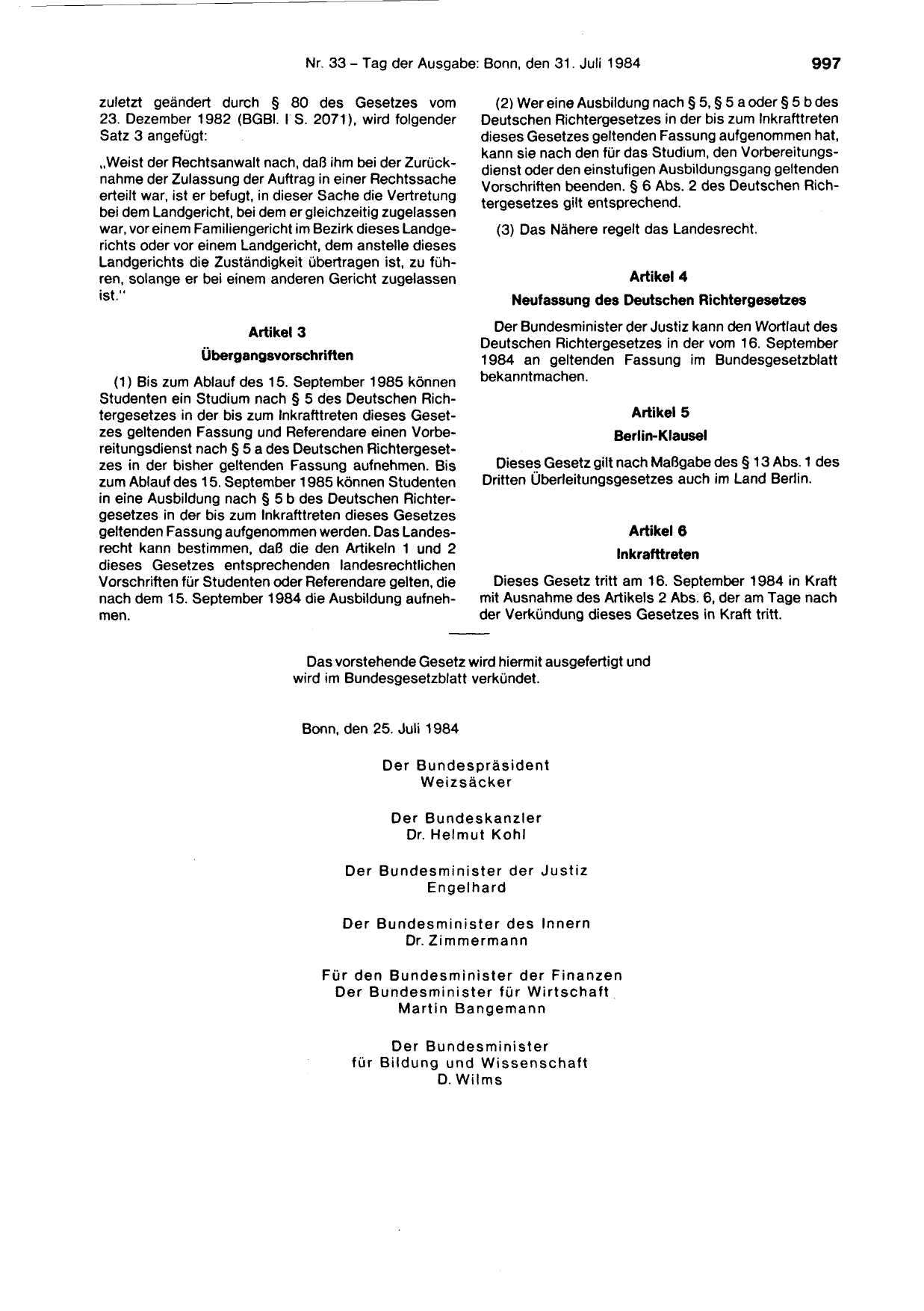 BGBl. 1984, Seite 997 — Originalseite als Abbildung