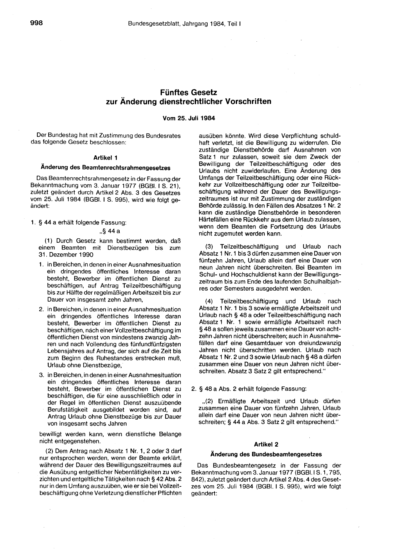 BGBl. 1984, Seite 998 — Originalseite als Abbildung