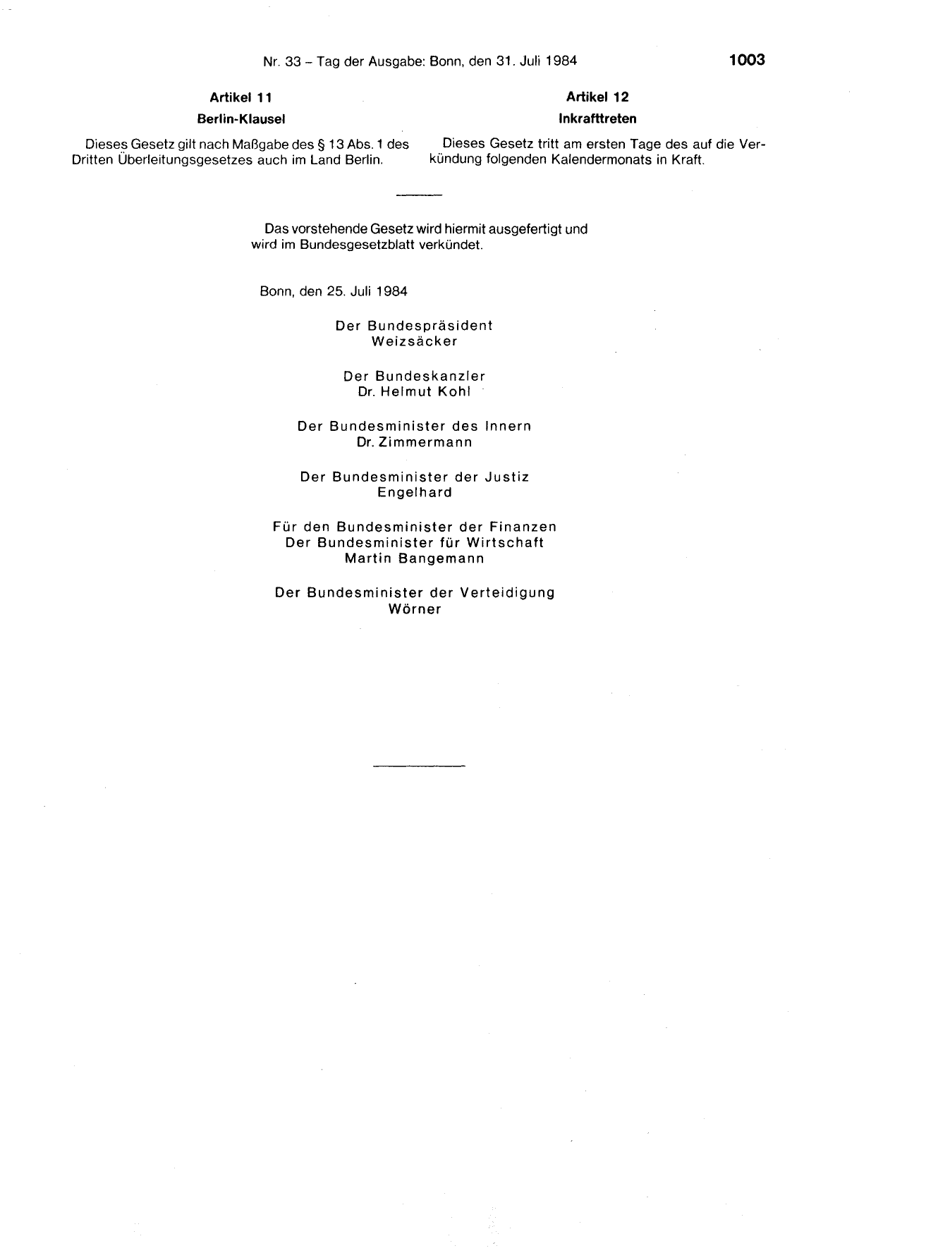 BGBl. 1984, Seite 1003 — Originalseite als Abbildung