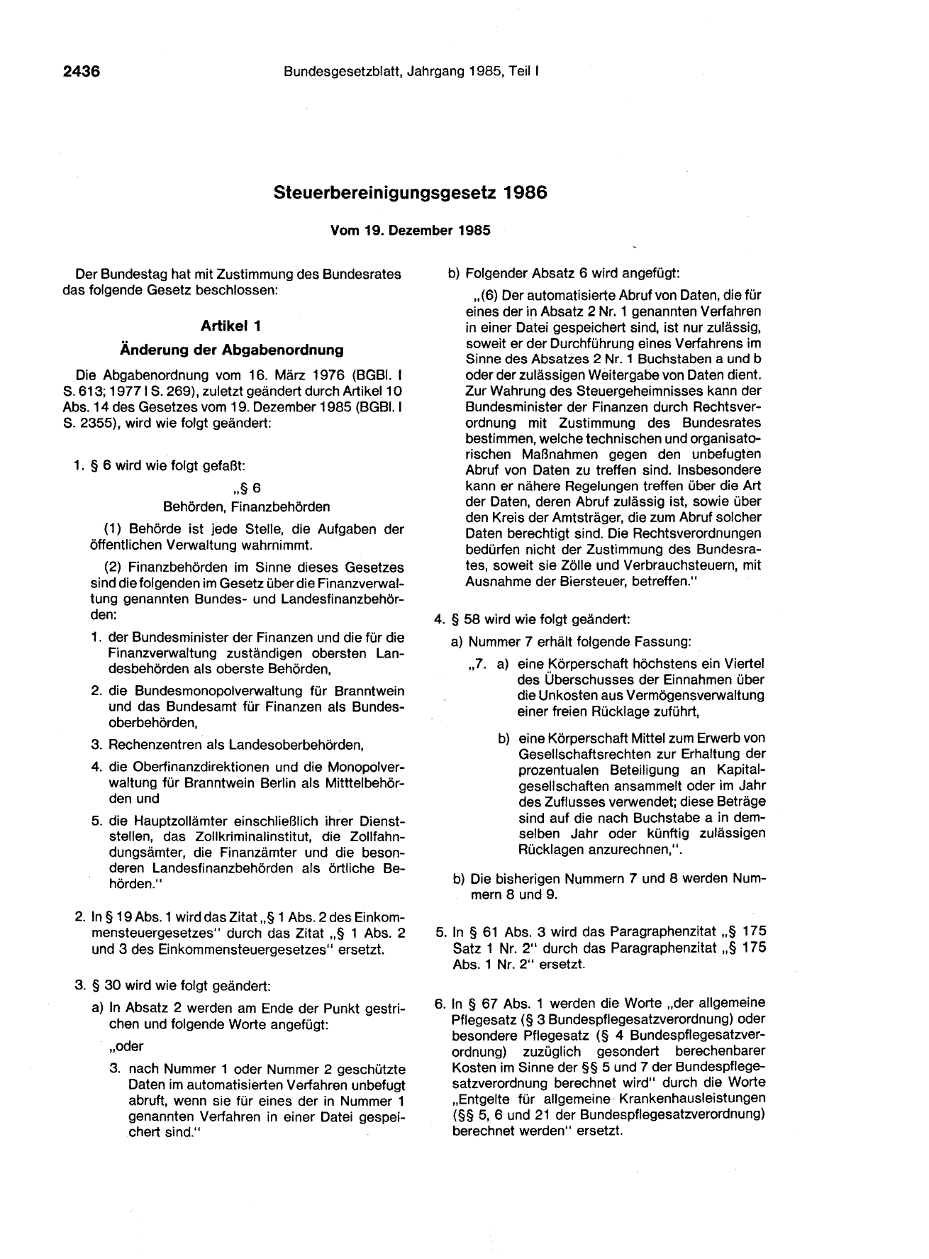 BGBl. 1985, Seite 2436 — Originalseite als Abbildung