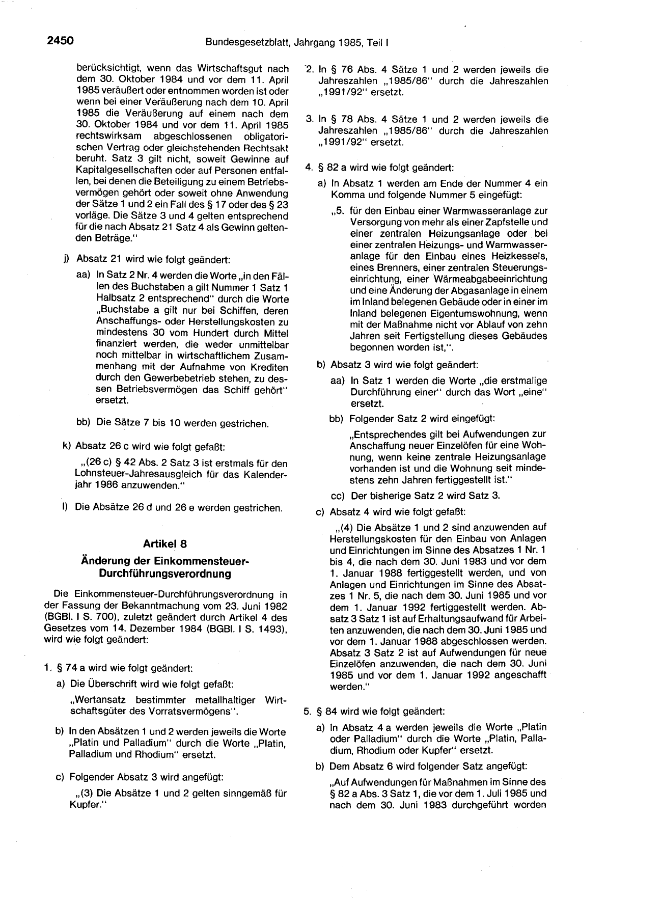 BGBl. 1985, Seite 2450 — Originalseite als Abbildung