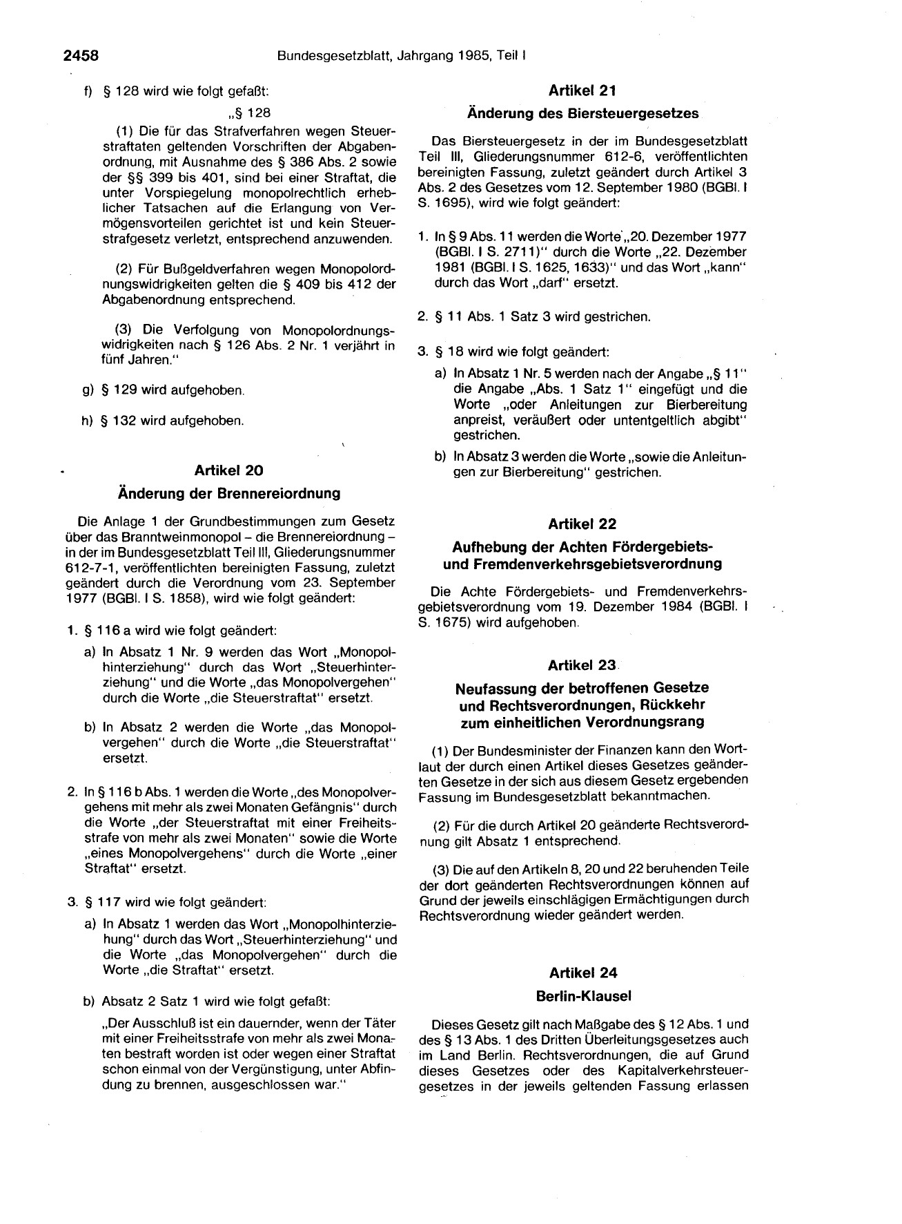 BGBl. 1985, Seite 2458 — Originalseite als Abbildung