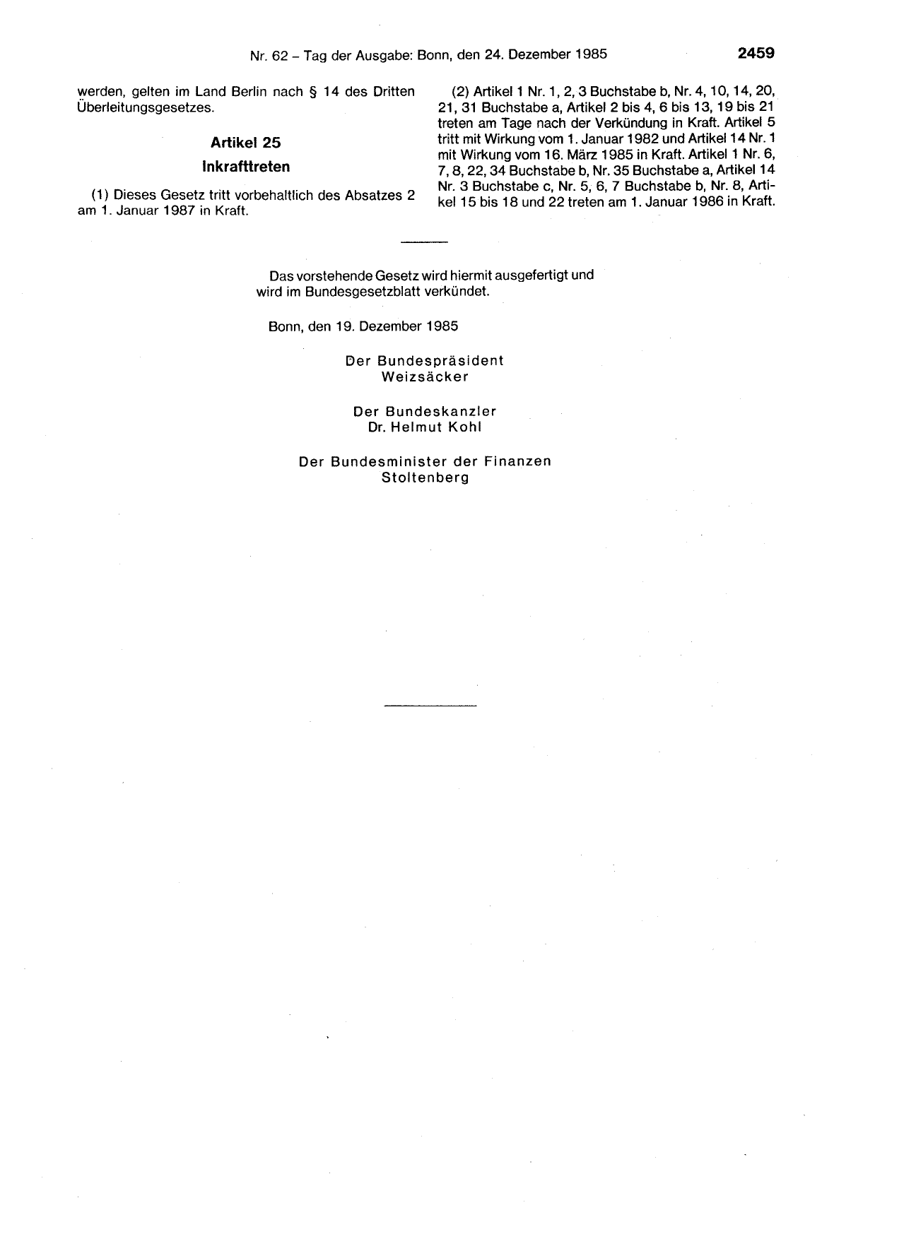 BGBl. 1985, Seite 2459 — Originalseite als Abbildung
