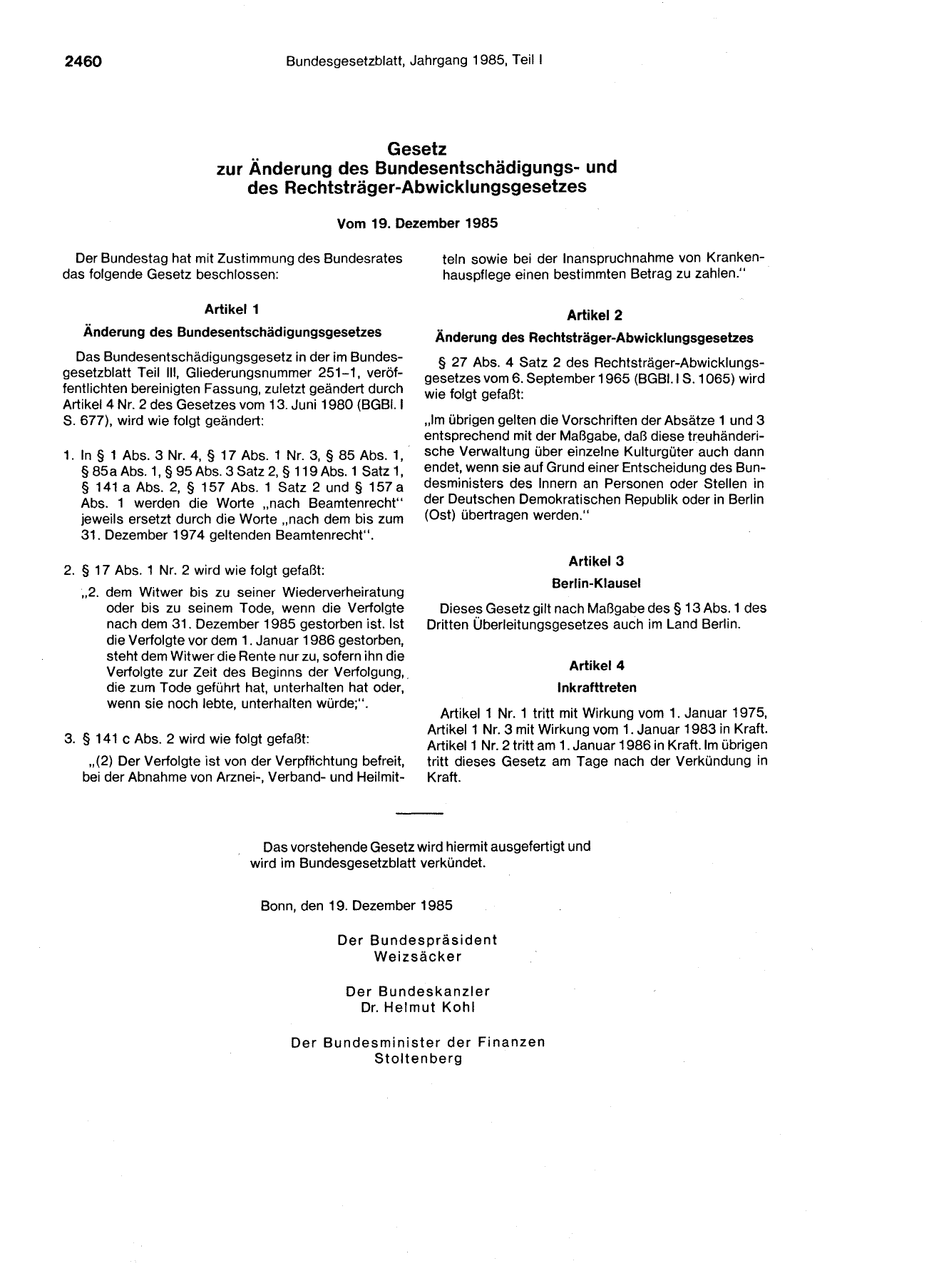 BGBl. 1985, Seite 2460 — Originalseite als Abbildung